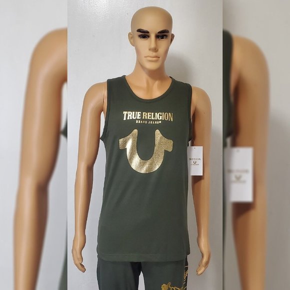 TRUE RELIGION LOUNGEWEAR TANK TOP MEN'S HORSESHOE METALLIC GOLD LOGO SIZE S OLIV - Picture 3 of 6